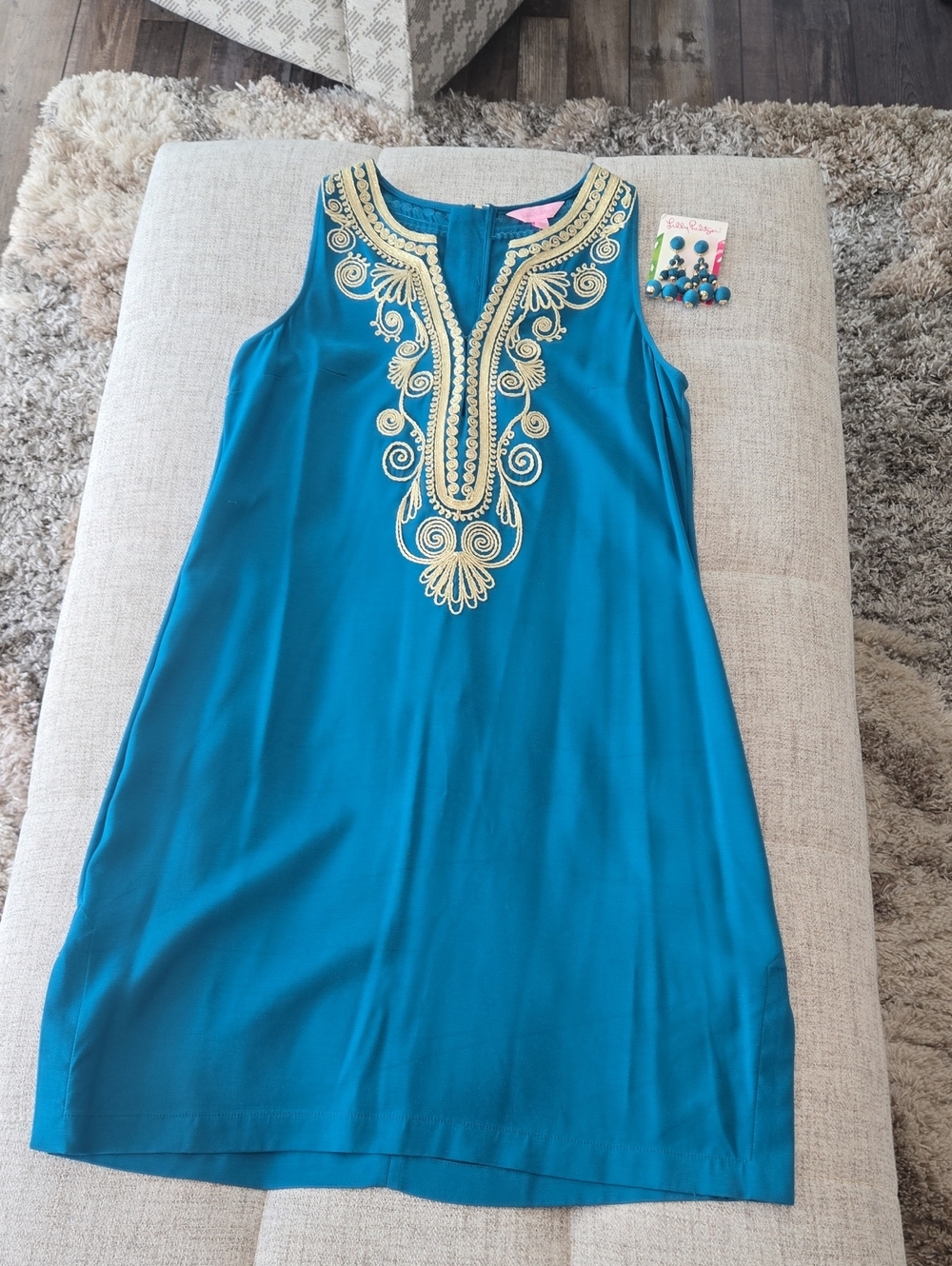 NWT Lilly Pulitzer Embroidered Teal Shift Dress With Matching Earrings